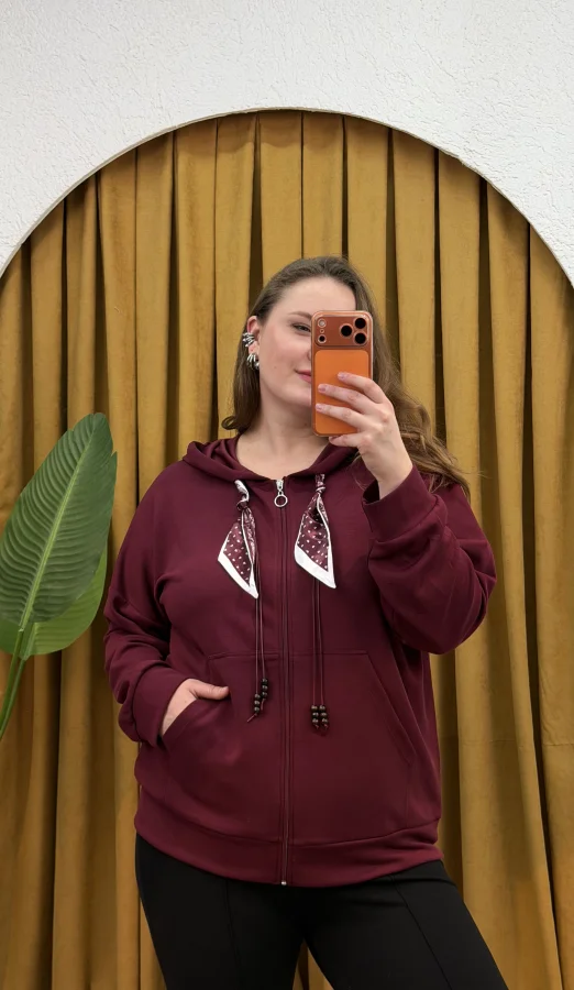 Kapüşonlu Fular Detaylı Fermuarlı Modal Hırka - Bordo