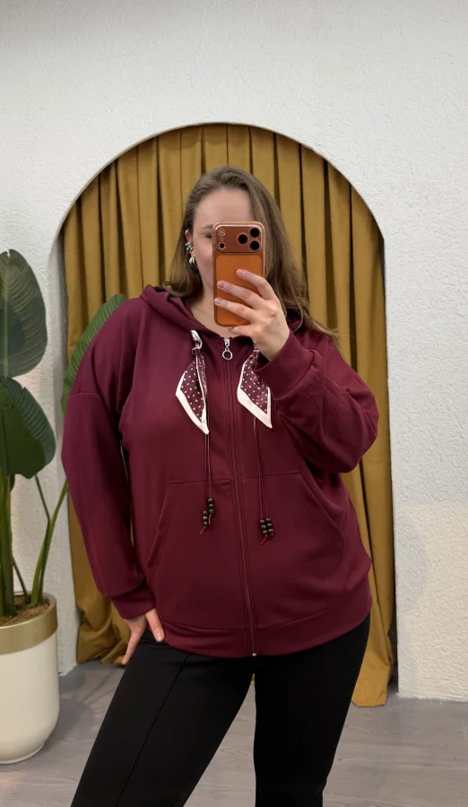 Kapüşonlu Fular Detaylı Fermuarlı Modal Hırka - Bordo