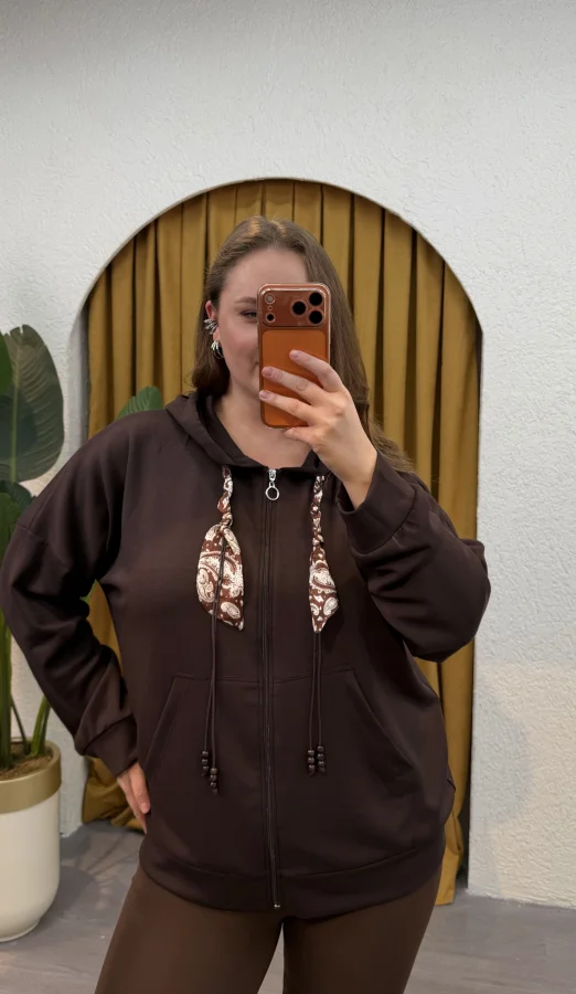 Kapüşonlu Fular Detaylı Fermuarlı Modal Hırka - Kahverengi