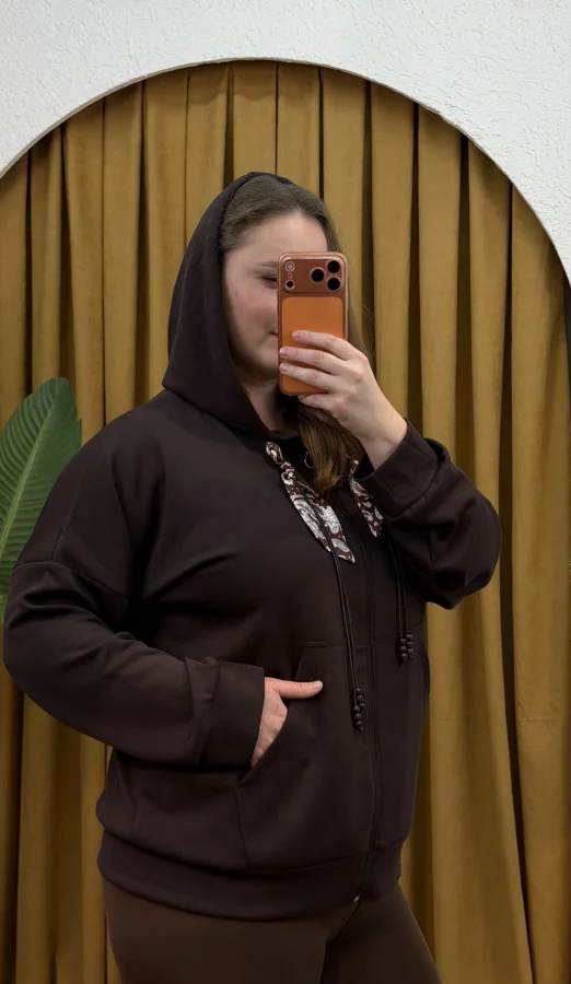 Kapüşonlu Fular Detaylı Fermuarlı Modal Hırka - Kahverengi