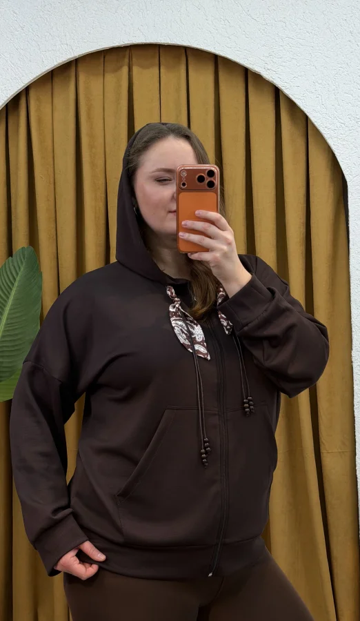 Kapüşonlu Fular Detaylı Fermuarlı Modal Hırka - Kahverengi