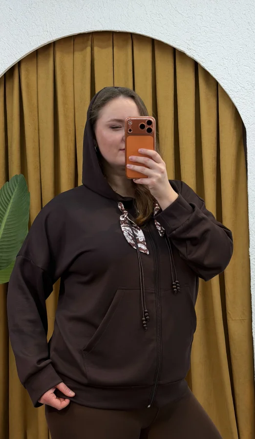 Kapüşonlu Fular Detaylı Fermuarlı Modal Hırka - Kahverengi