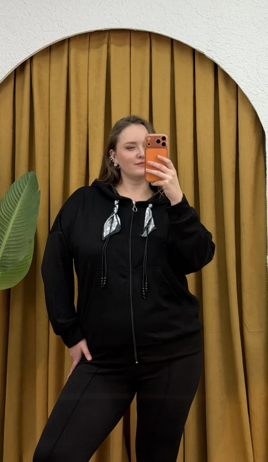 Kapüşonlu Fular Detaylı Fermuarlı Modal Hırka - Siyah