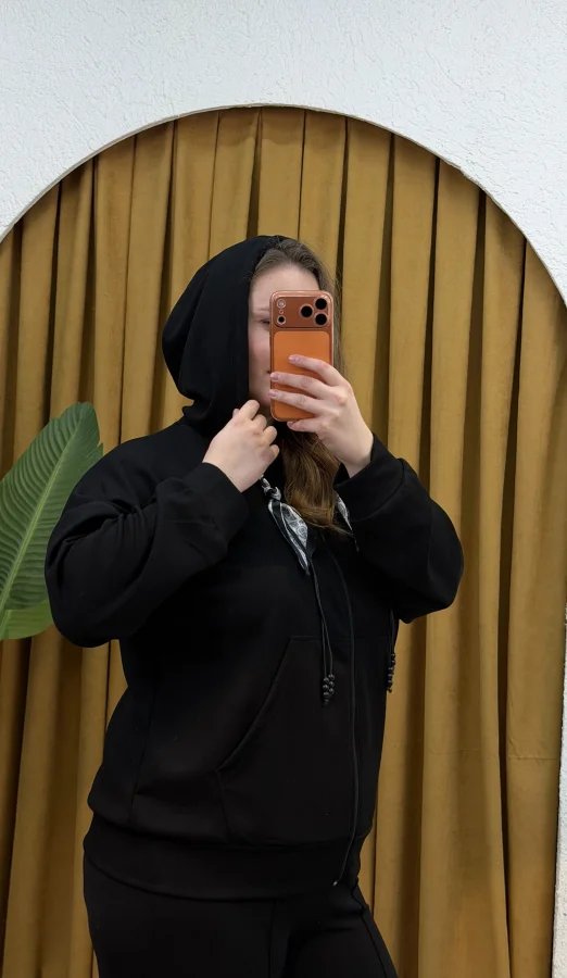 Kapüşonlu Fular Detaylı Fermuarlı Modal Hırka - Siyah