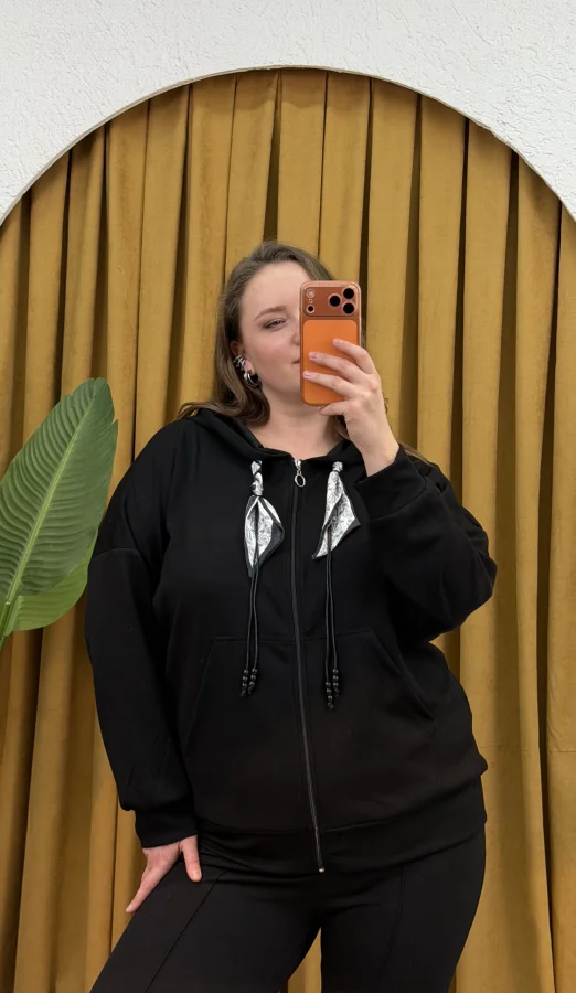 Kapüşonlu Fular Detaylı Fermuarlı Modal Hırka - Siyah