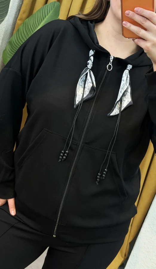 Kapüşonlu Fular Detaylı Fermuarlı Modal Hırka - Siyah