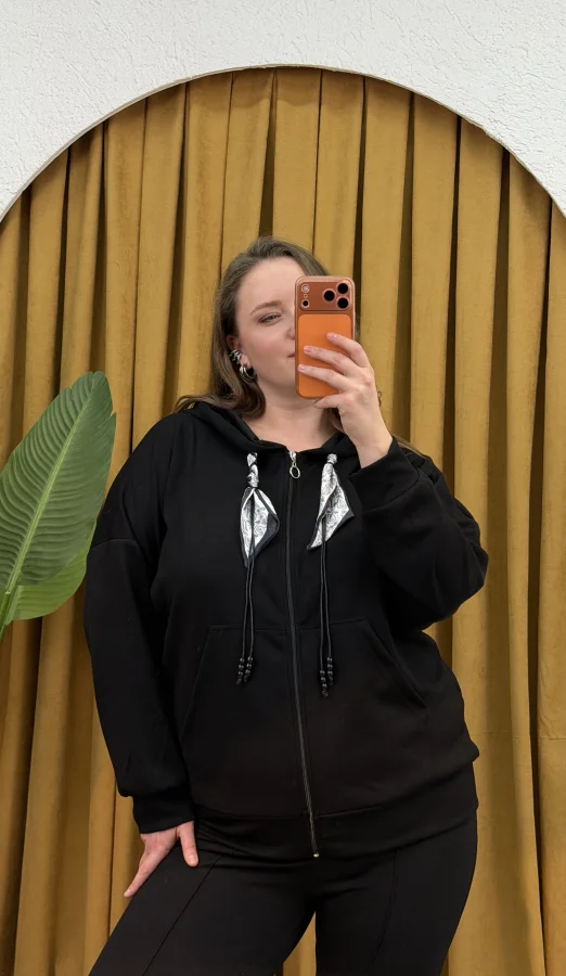 Kapüşonlu Fular Detaylı Fermuarlı Modal Hırka - Siyah