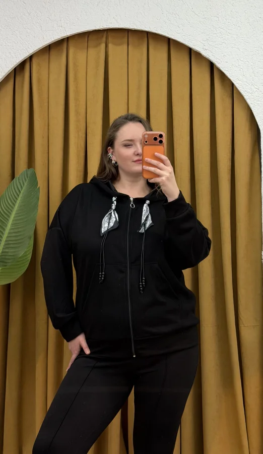 Kapüşonlu Fular Detaylı Fermuarlı Modal Hırka - Siyah