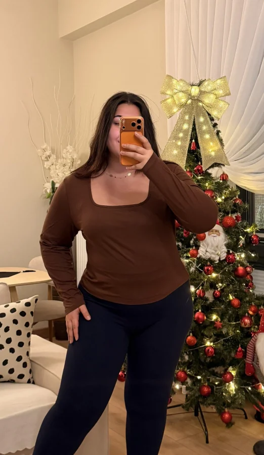 Kare Yaka Modal Karışımlı Bluz - Kahverengi