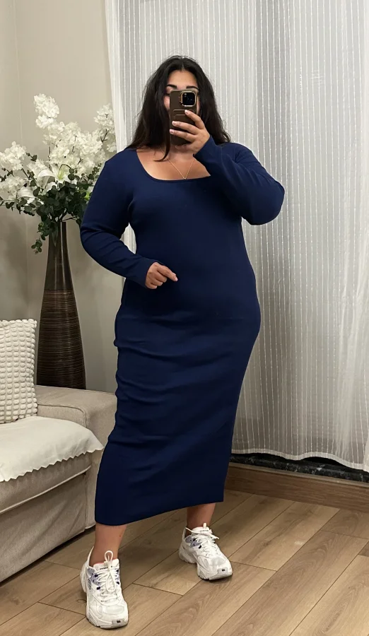 Kare Yaka Triko Likralı Elbise - Lacivert