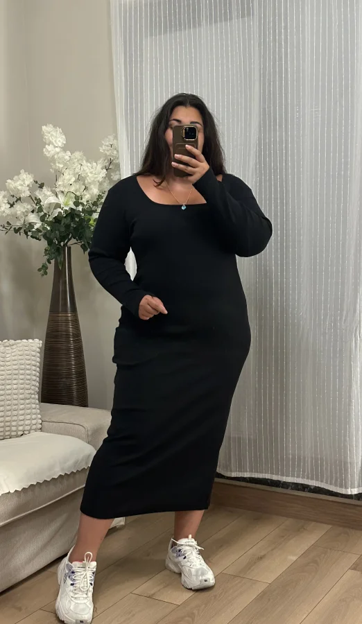 Kare Yaka Triko Likralı Elbise - Siyah