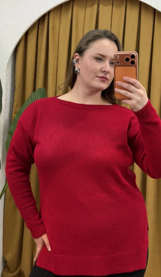 Kayık Yaka Oversize Kazak - Kırmızı