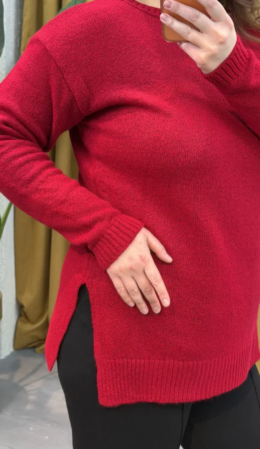 Kayık Yaka Oversize Kazak - Kırmızı