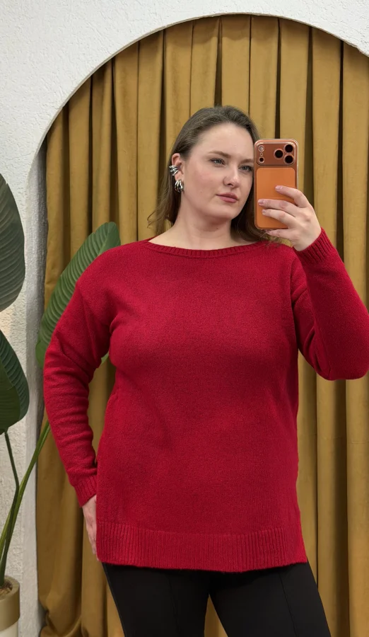 Kayık Yaka Oversize Kazak - Kırmızı