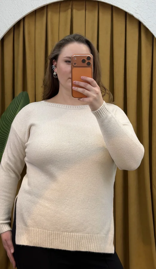 Kayık Yaka Oversize Kazak - Ekru