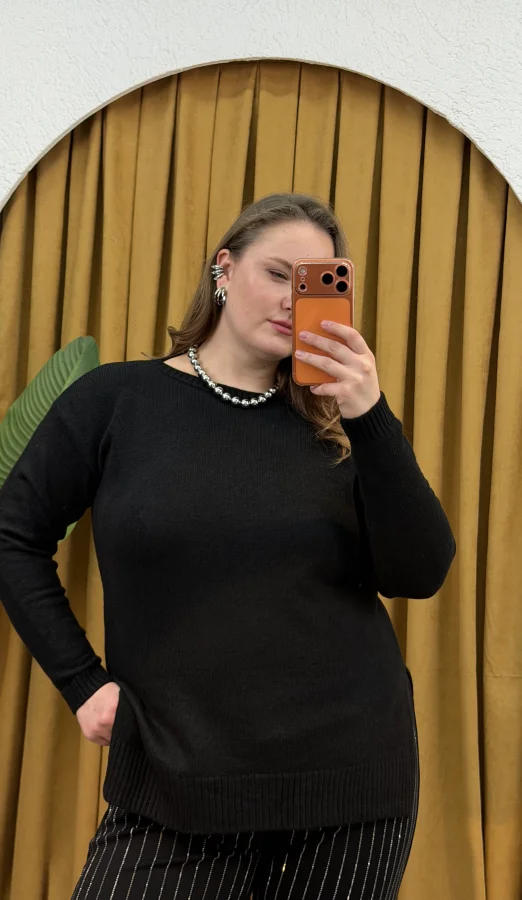 Kayık Yaka Oversize Kazak - Siyah