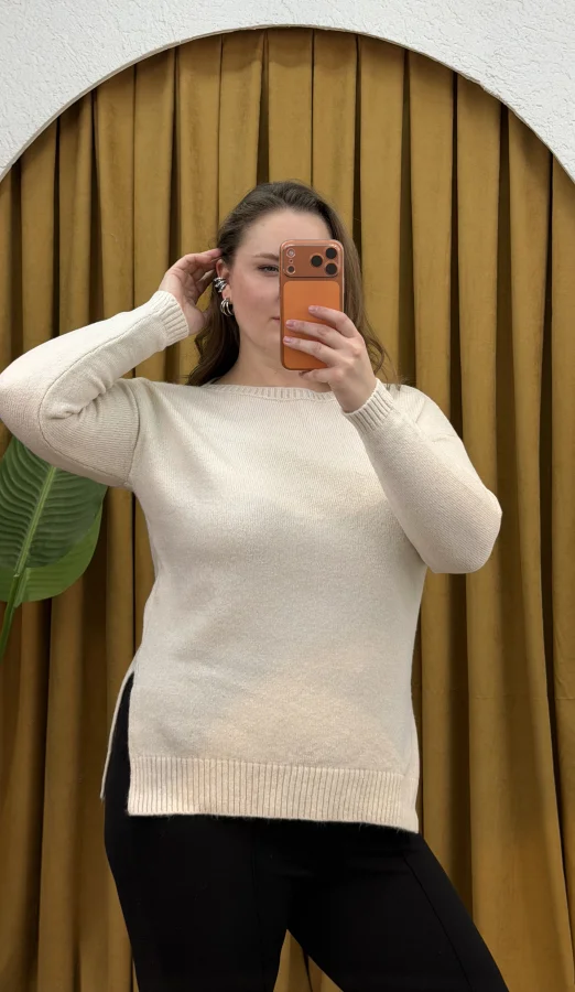 Kayık Yaka Oversize Kazak - Ekru