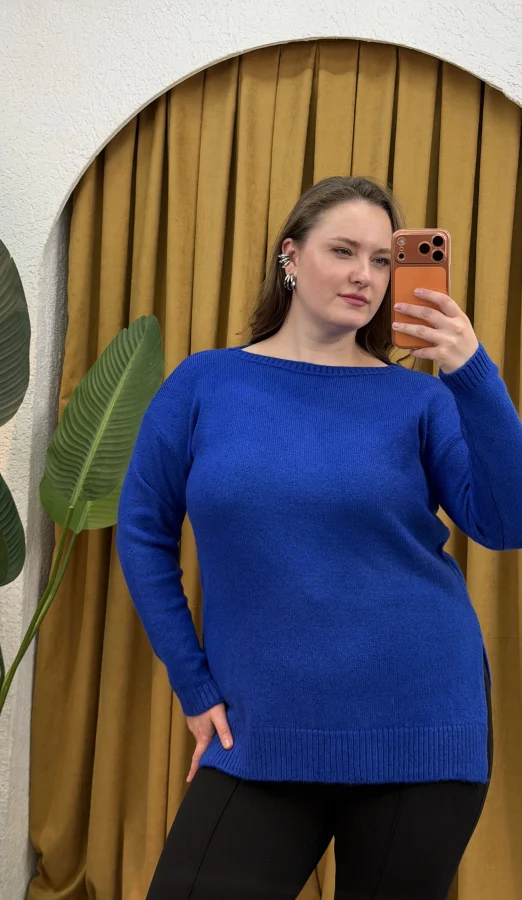 Kayık Yaka Oversize Kazak - Mavi