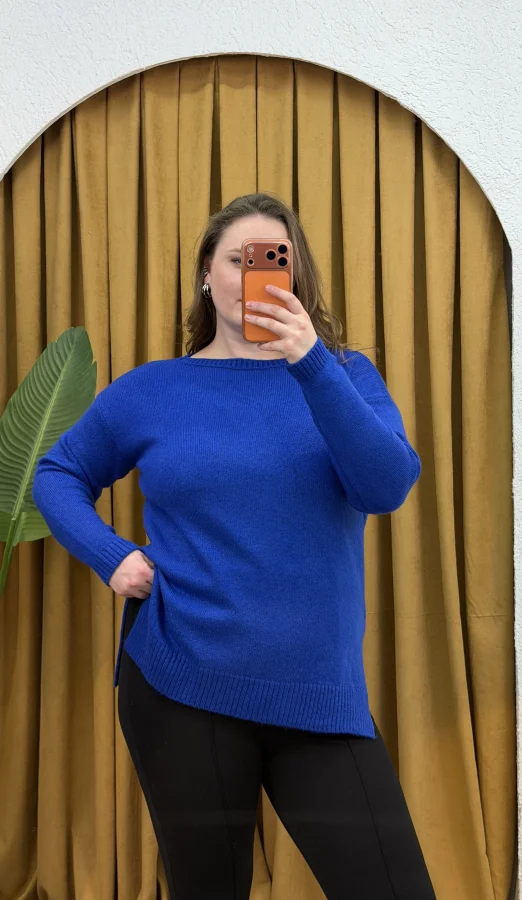 Kayık Yaka Oversize Kazak - Mavi