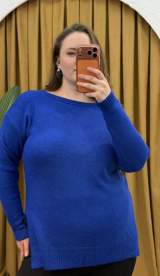 Kayık Yaka Oversize Kazak - Mavi