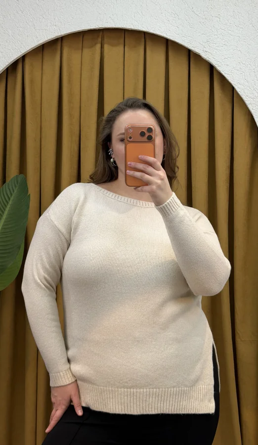 Kayık Yaka Oversize Kazak - Ekru