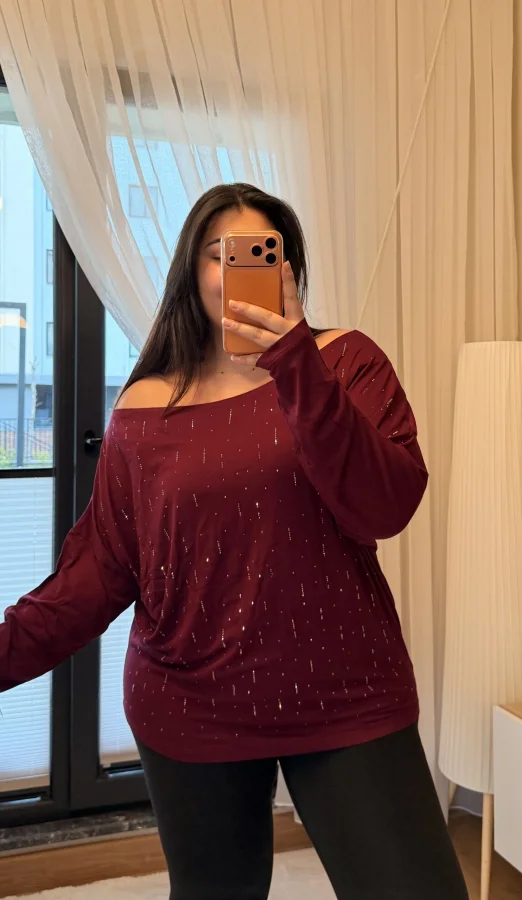 Kayık Yaka Taşlı Modal Bluz - Mürdüm