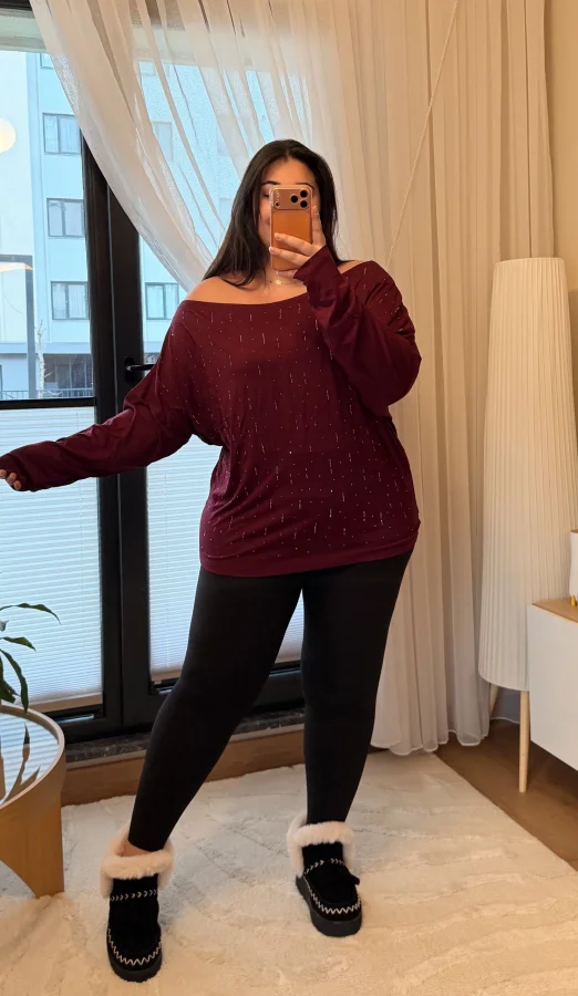 Kayık Yaka Taşlı Modal Bluz - Mürdüm