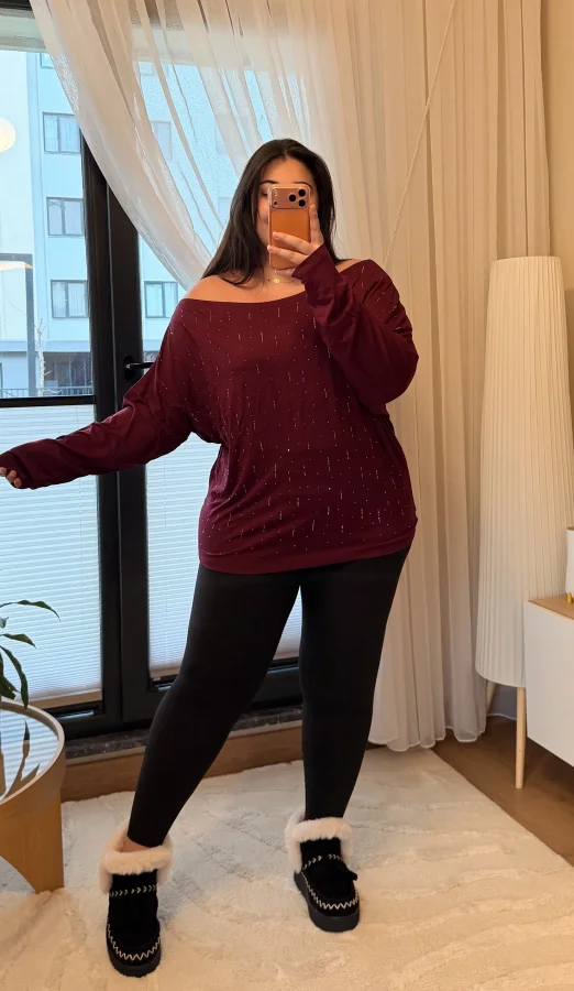 Kayık Yaka Taşlı Modal Bluz - Mürdüm