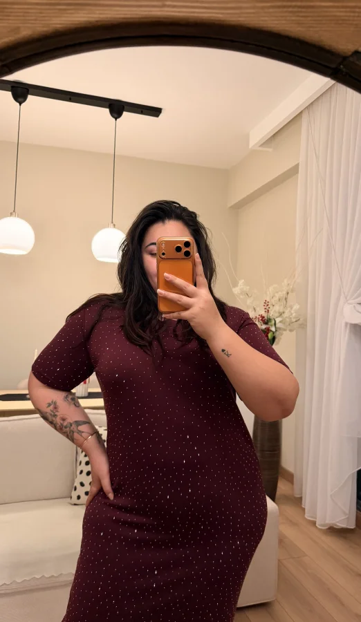 Kısa Kollu Modal Shine Elbise - Bordo