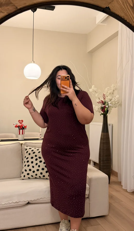 Kısa Kollu Modal Shine Elbise - Bordo