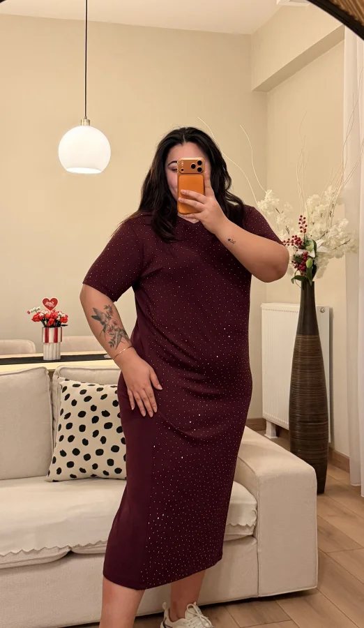 Kısa Kollu Modal Shine Elbise - Bordo