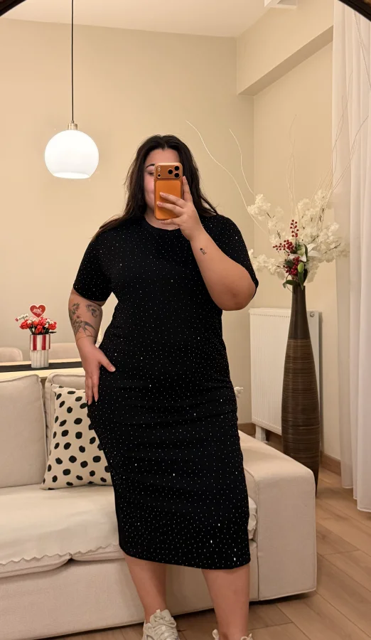 Kısa Kollu Modal Shine Elbise - Siyah