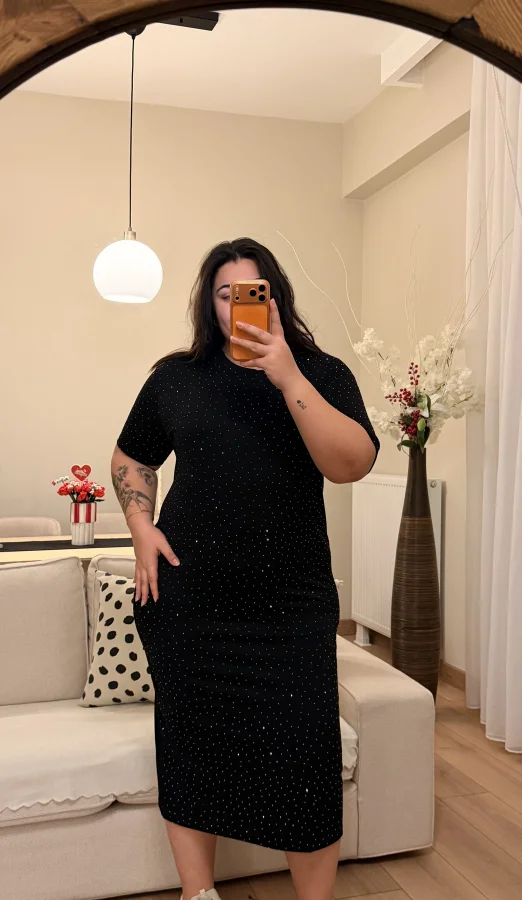 Kısa Kollu Modal Shine Elbise - Siyah