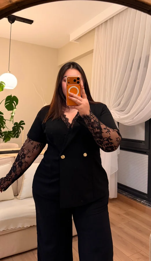 Kolları Dantel Detaylı İkili Krep Takım - Siyah