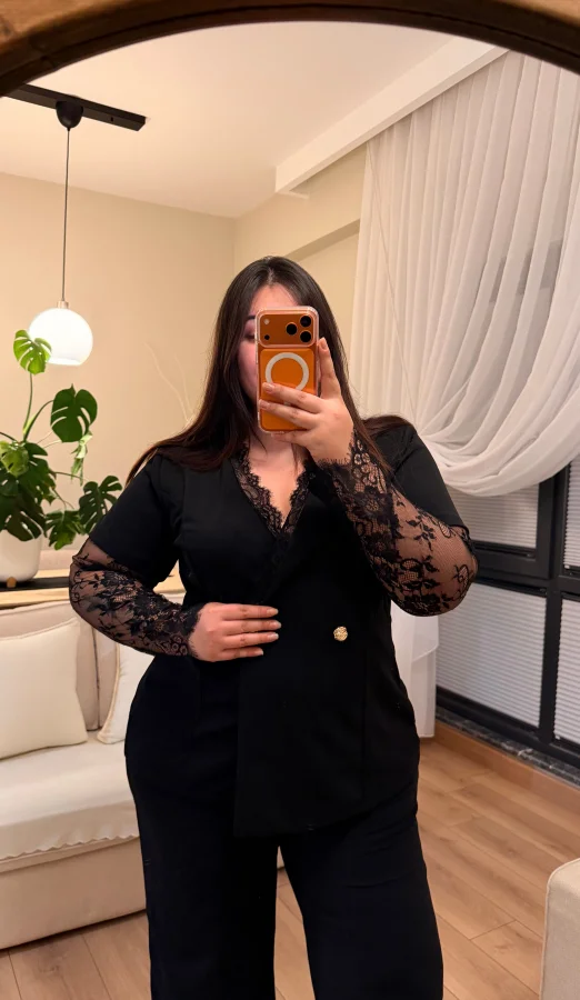 Kolları Dantel Detaylı İkili Krep Takım - Siyah