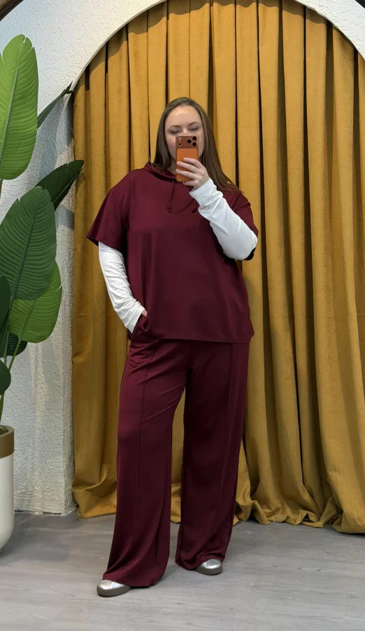 Kolları Parçalı Modal Kapüşonlu Takım - Bordo