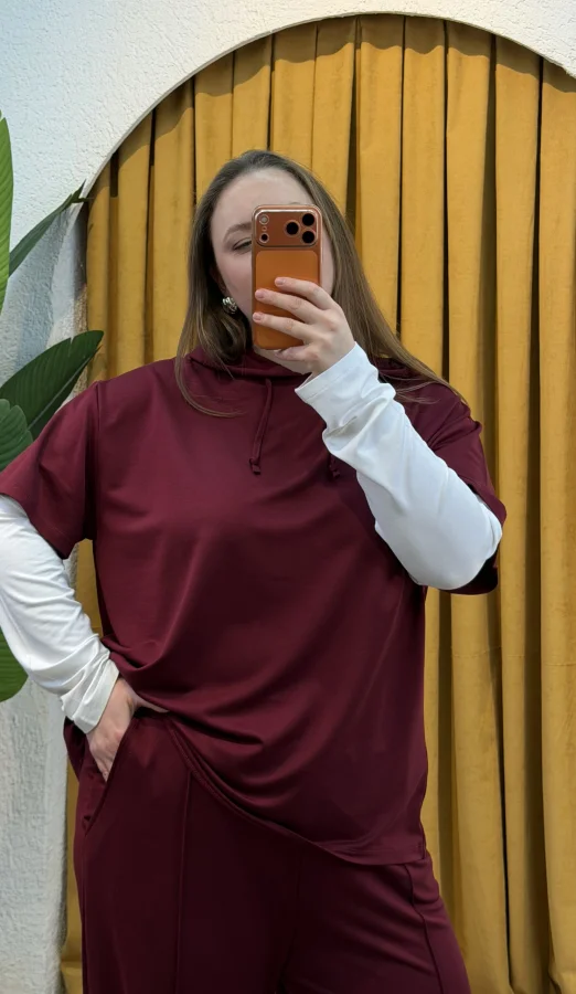 Kolları Parçalı Modal Kapüşonlu Takım - Bordo