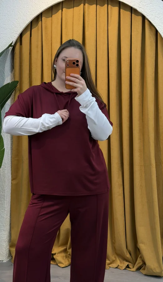 Kolları Parçalı Modal Kapüşonlu Takım - Bordo