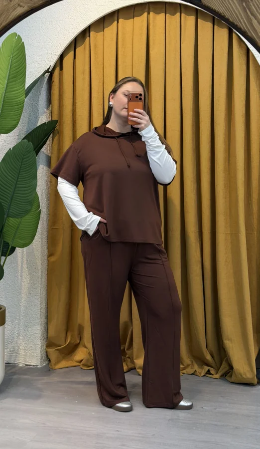 Kolları Parçalı Modal Kapüşonlu Takım - Kahverengi