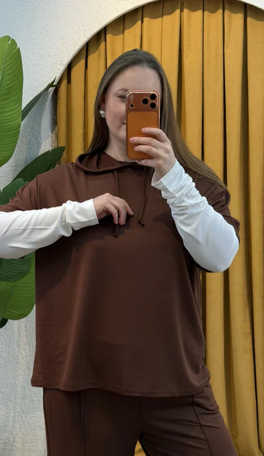 Kolları Parçalı Modal Kapüşonlu Takım - Kahverengi