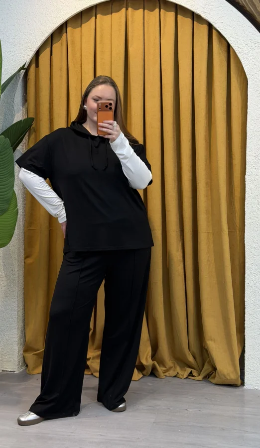 Kolları Parçalı Modal Kapüşonlu Takım - Siyah