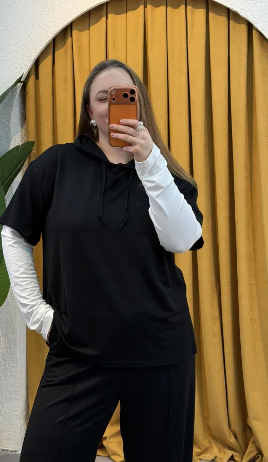 Kolları Parçalı Modal Kapüşonlu Takım - Siyah