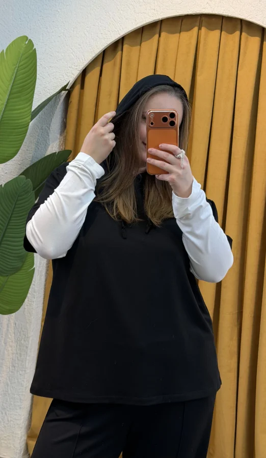 Kolları Parçalı Modal Kapüşonlu Takım - Siyah