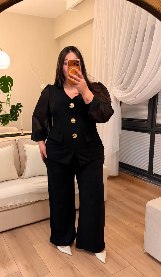 Kolları Şifon İstiridye Detaylı Krep Takım - Siyah