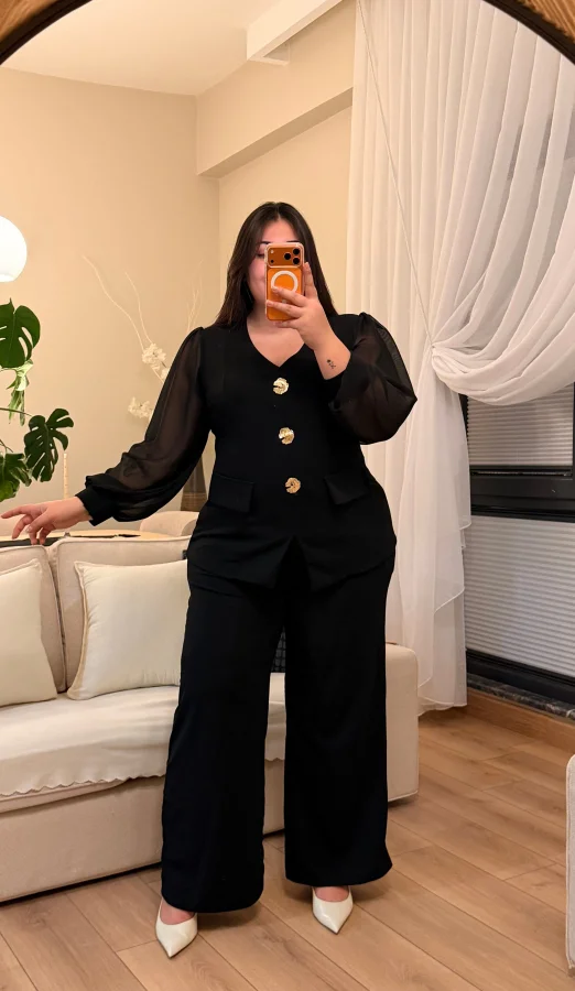 Kolları Şifon İstiridye Detaylı Krep Takım - Siyah