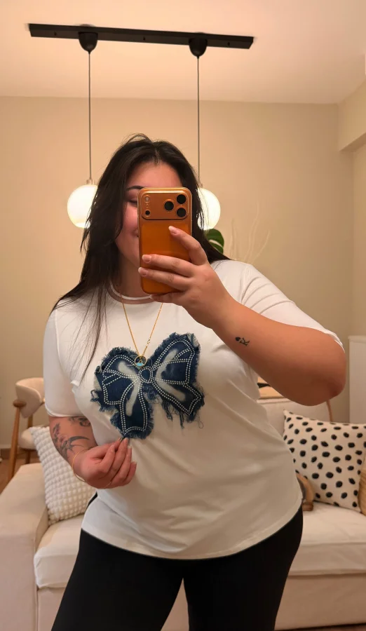 Kot Fiyonklu Pamuklu Tişört - Beyaz