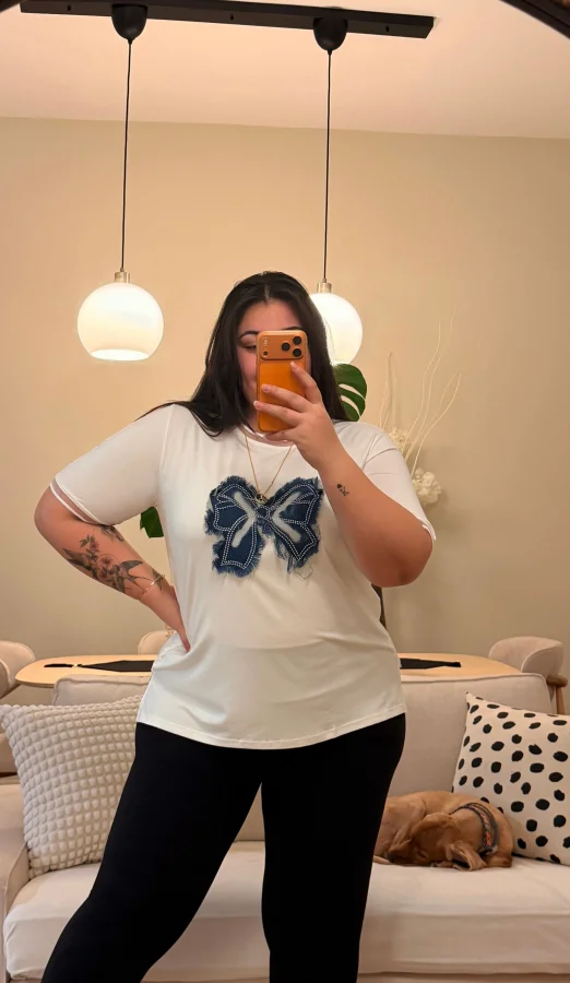 Kot Fiyonklu Pamuklu Tişört - Beyaz