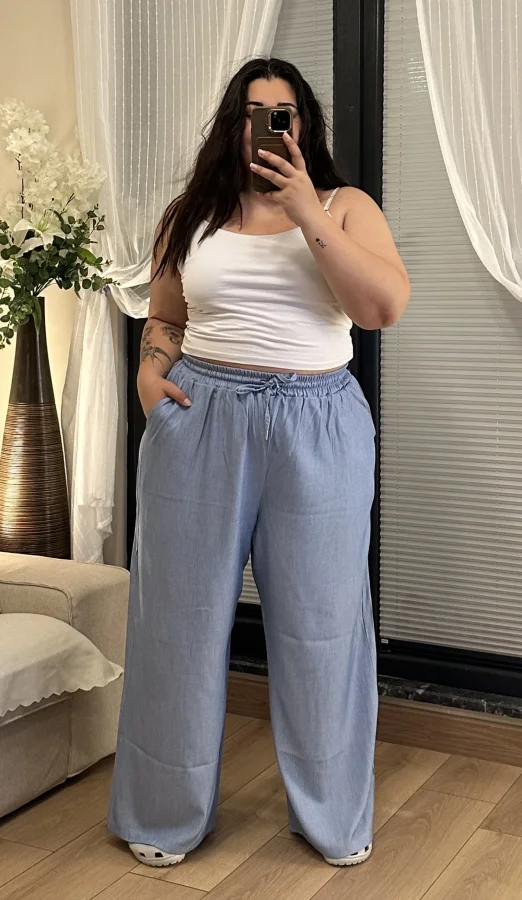 Kot Görünümlü Tensel Palazzo Pantolon - Mavi