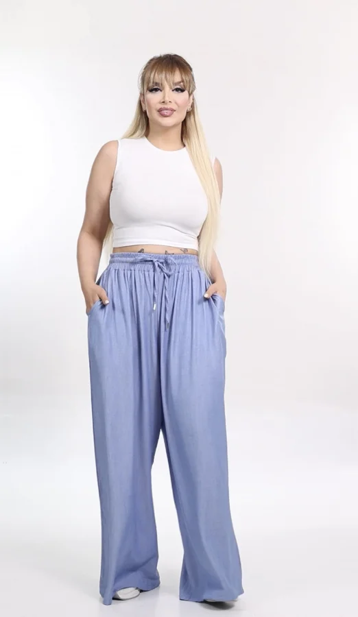 Kot Görünümlü Tensel Palazzo Pantolon - Mavi