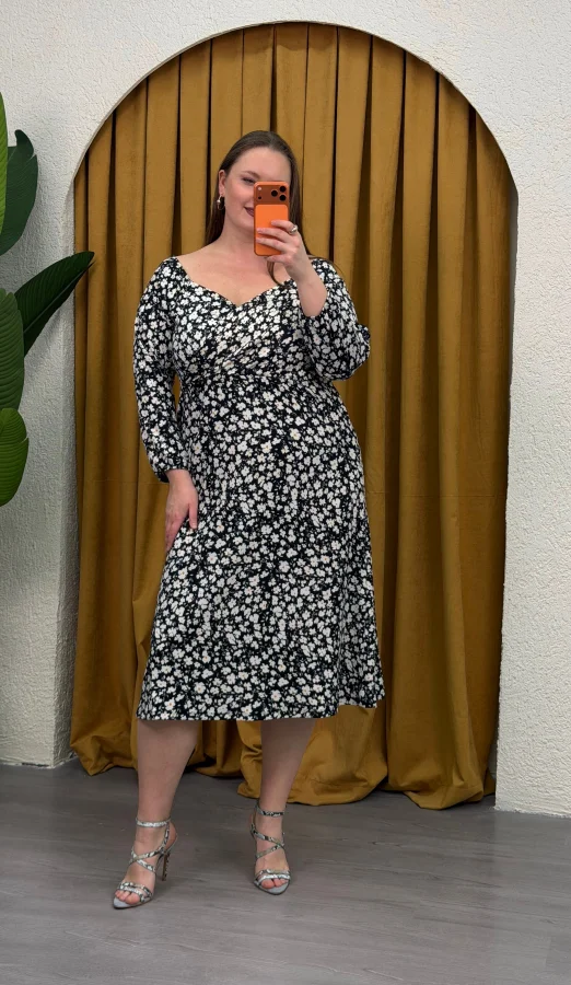 Kruvaze Yaka Bürümcük Elbise - Çiçekli